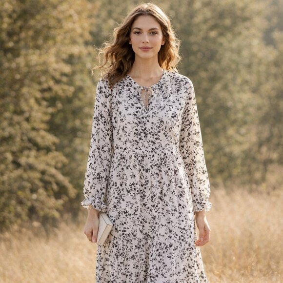 DownEast Dresses & Skirts - DownEast Mimi Dress XS White Black Floral Prairie Midi Boho Tiered Rayon NWT